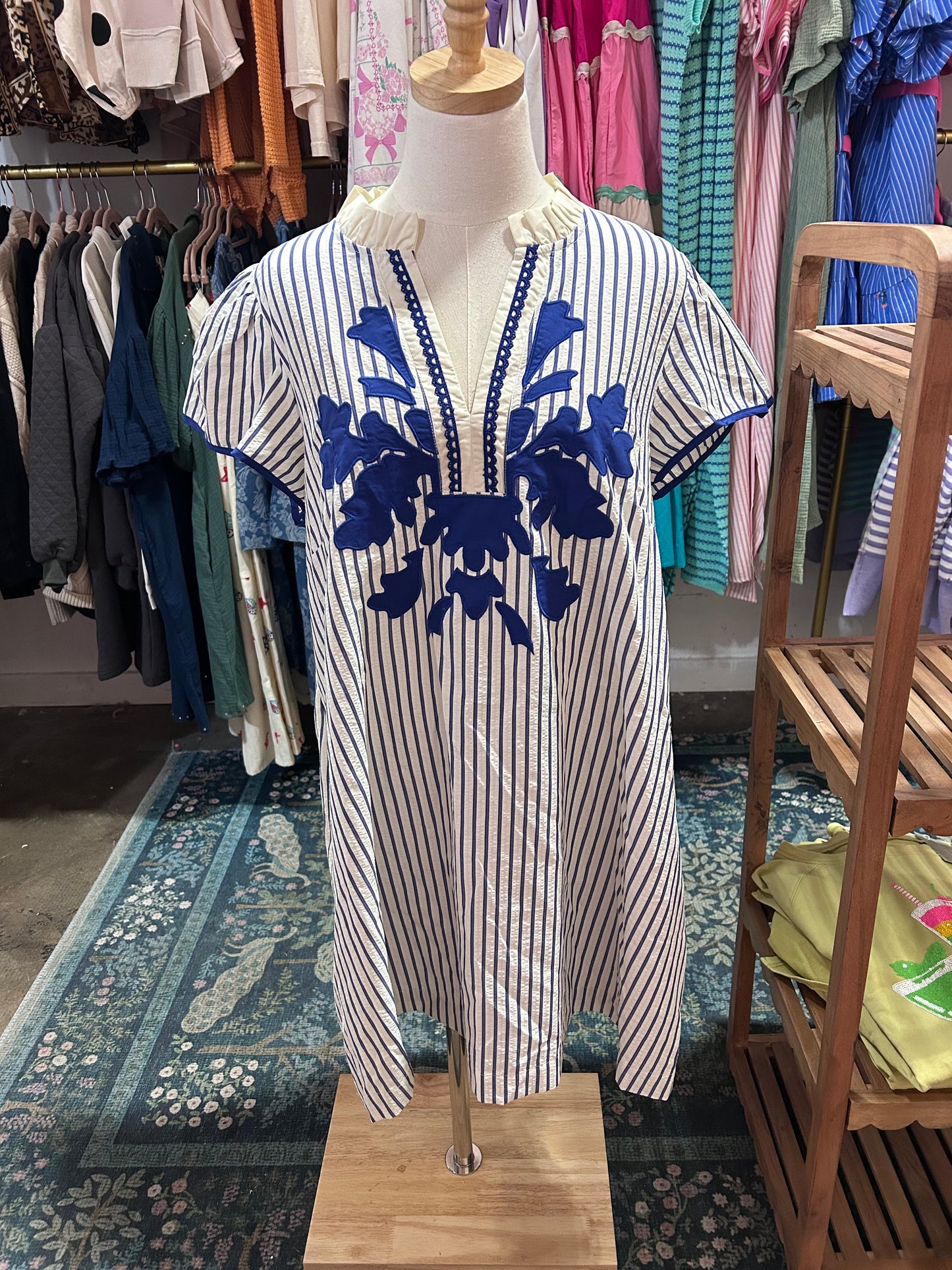 Blue Applique Striped Dress