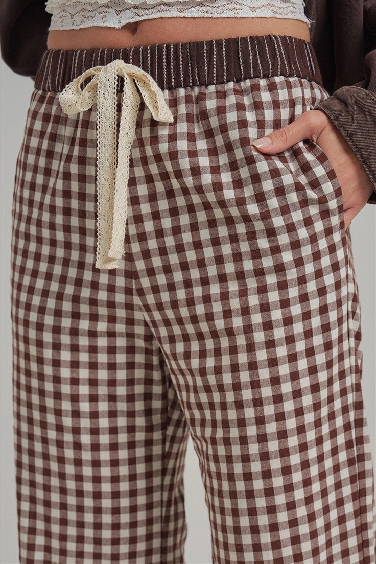 Chocolate Gingham Elastic Waist Pants