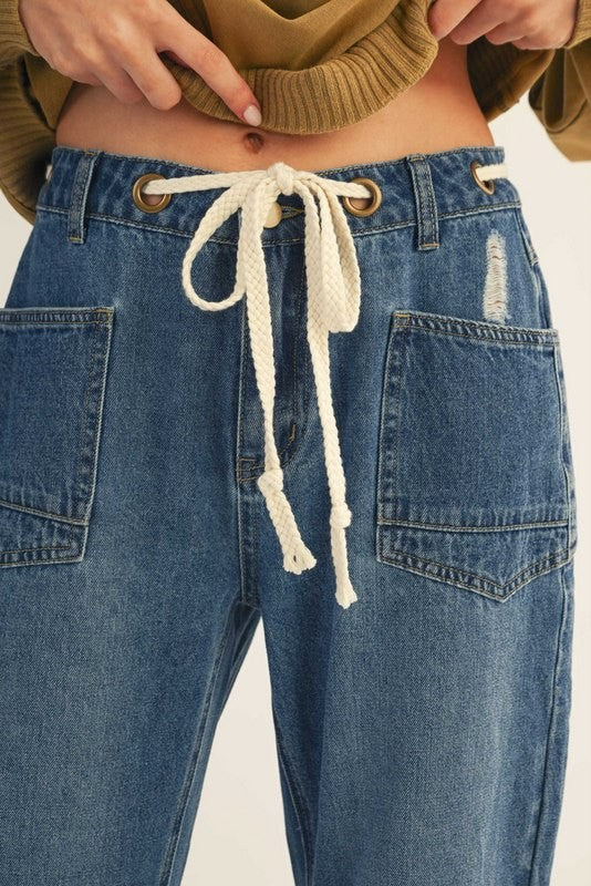 Drawstring Waist Denim Barrel Jeans