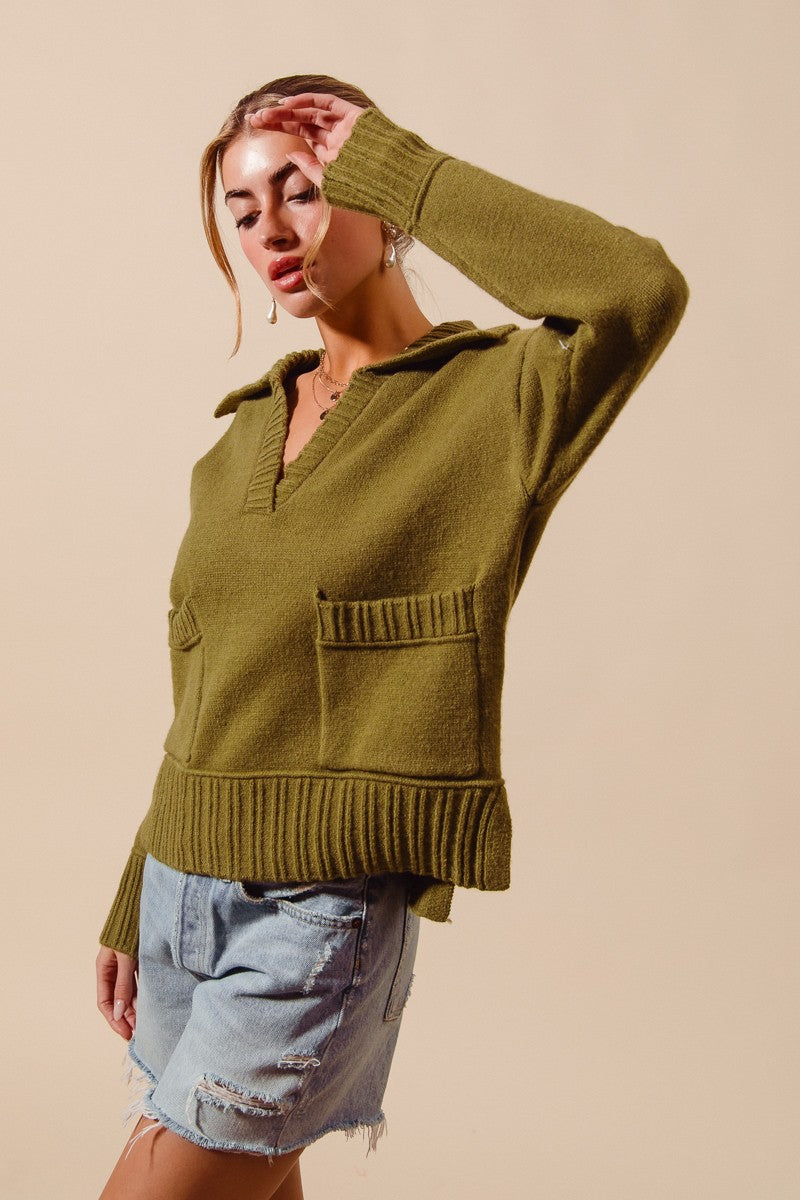 Light Olive Flap Collar Sweater Pullover Top With Patch Pocket
