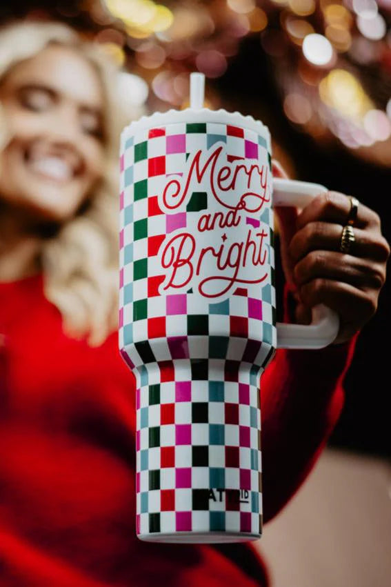 Merry & Bright Checkered Tumbler Cup 38 Oz w/ Handle