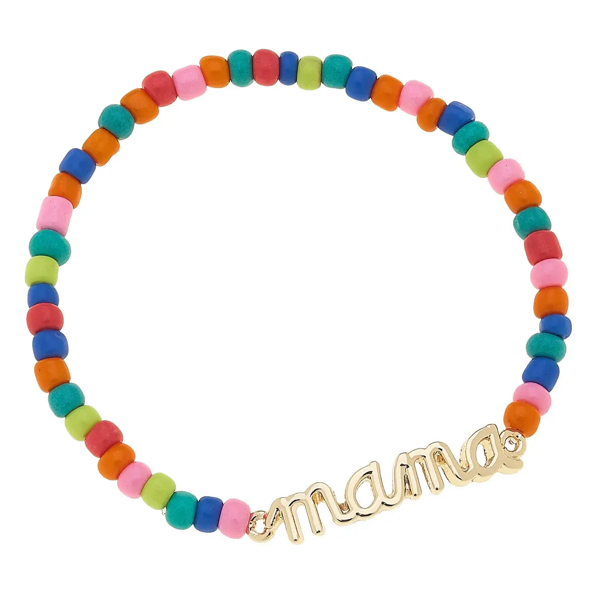 "Mama" Rainbow Beaded Stretch Bracelet in Shiny Gold