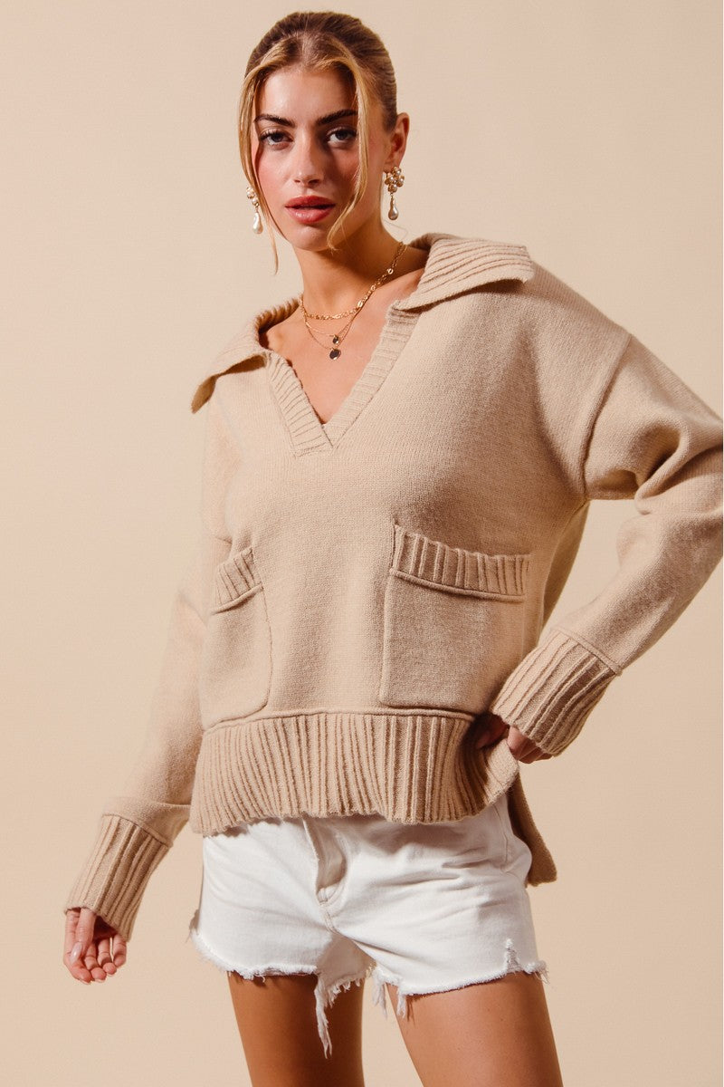 Oatmeal Flap Collar Sweater Pullover Top With Patch Pocket
