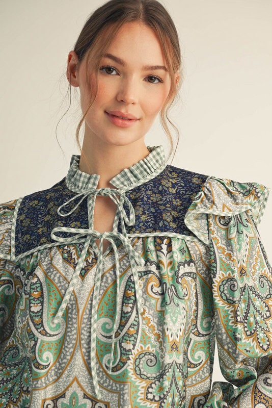 Ruffled Shoulder Boho Paisley Peasant Top