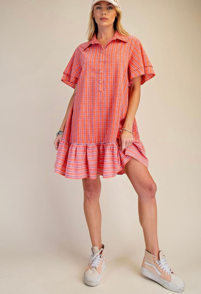 Orange Striped Ruffle Hem Dress