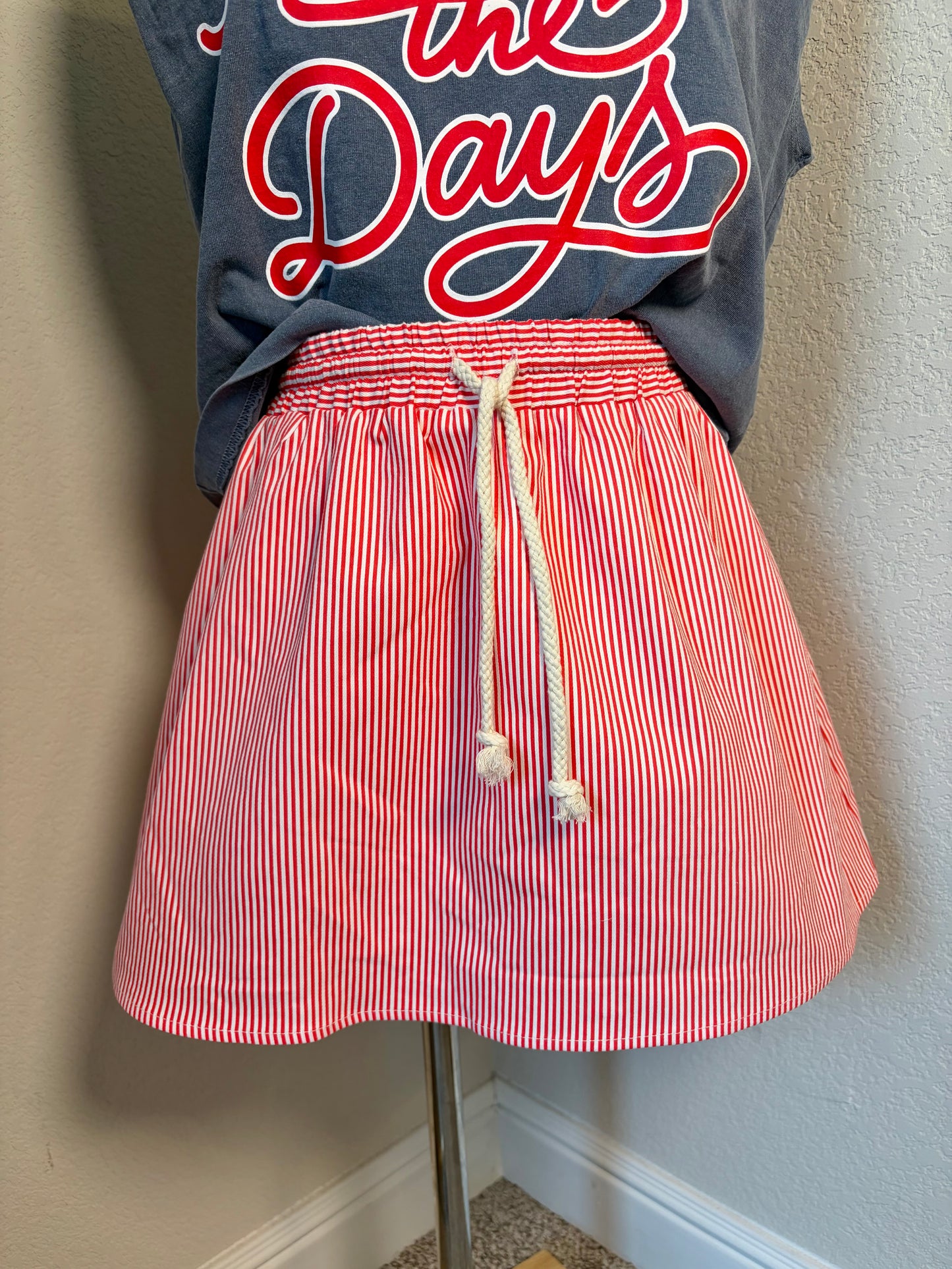 Red and White Striped Elastic Skort