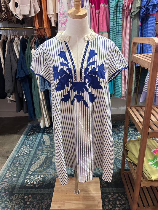 Blue Applique Striped Dress