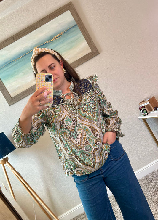 Ruffled Shoulder Boho Paisley Peasant Top