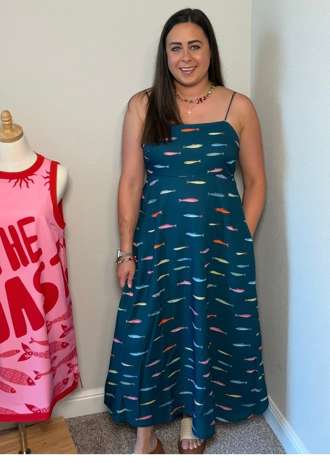 Multi-Colored Fish Motif Midi Dress