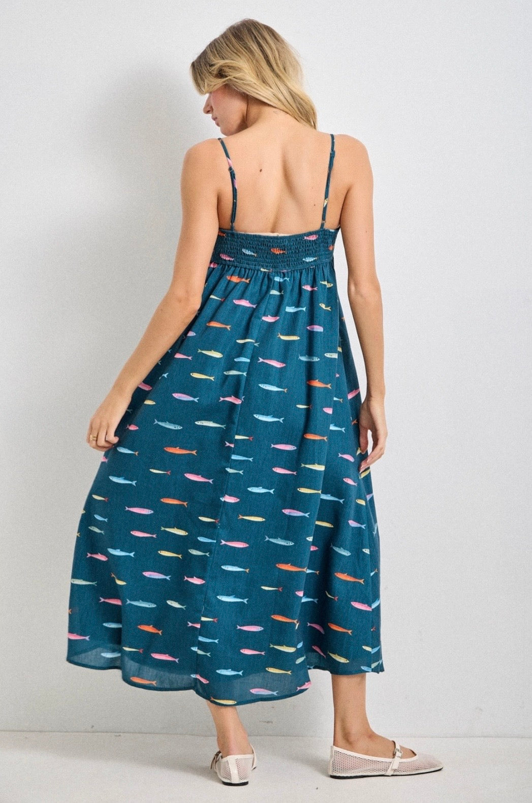 Multi-Colored Fish Motif Midi Dress