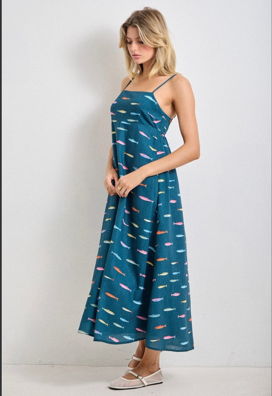 Multi-Colored Fish Motif Midi Dress