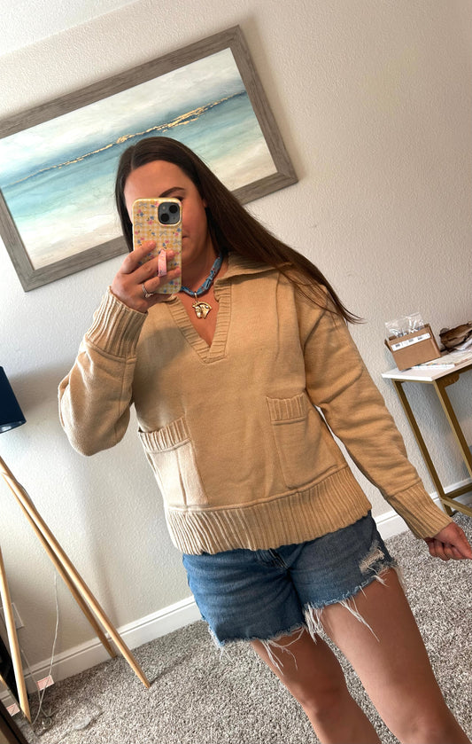Oatmeal Flap Collar Sweater Pullover Top With Patch Pocket