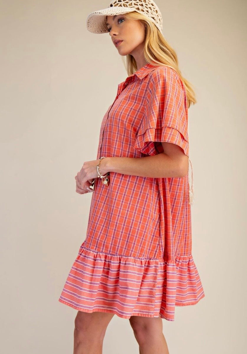 Orange Striped Ruffle Hem Dress