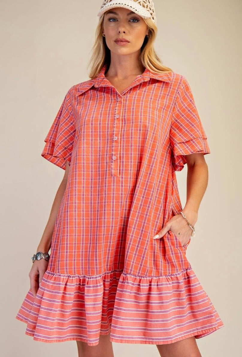 Orange Striped Ruffle Hem Dress