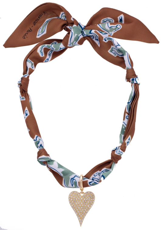 Pave Heart Scarf Necklace in Brown