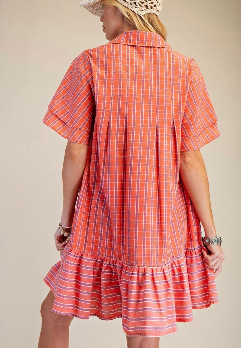 Orange Striped Ruffle Hem Dress