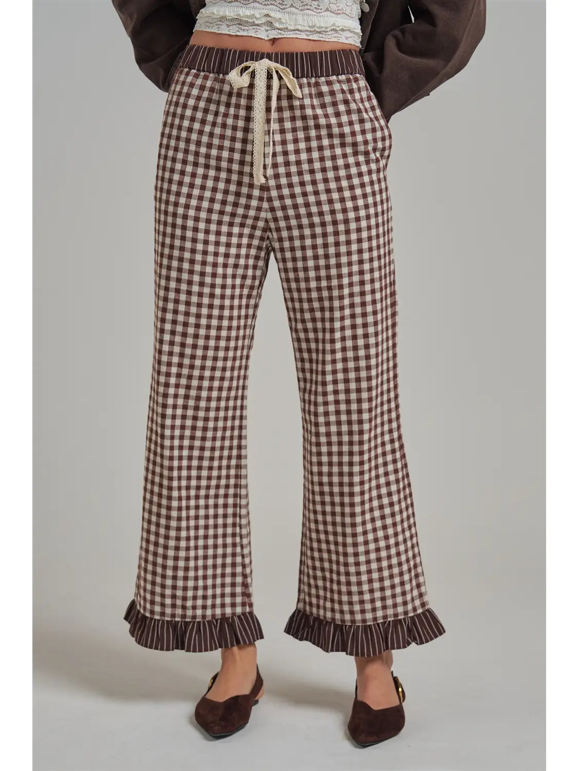 Chocolate Gingham Elastic Waist Pants