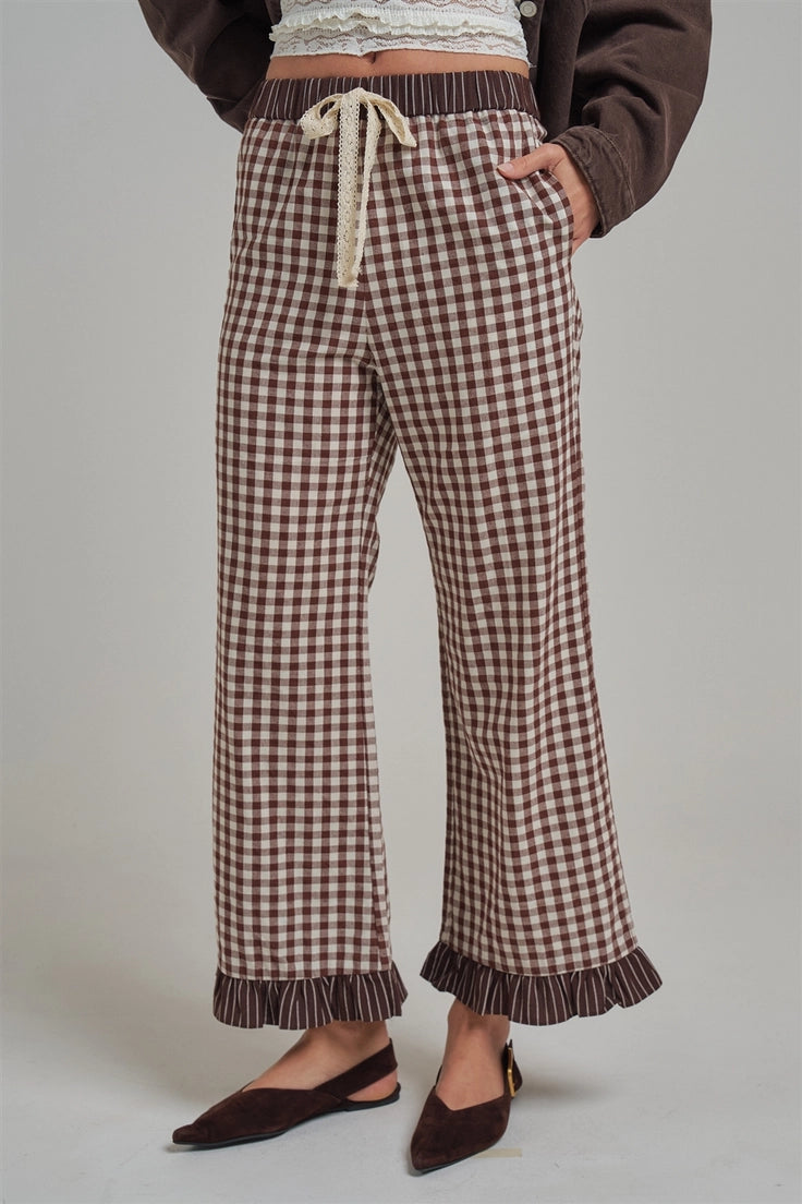 Chocolate Gingham Elastic Waist Pants