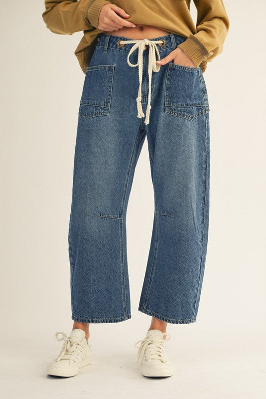 Drawstring Waist Denim Barrel Jeans