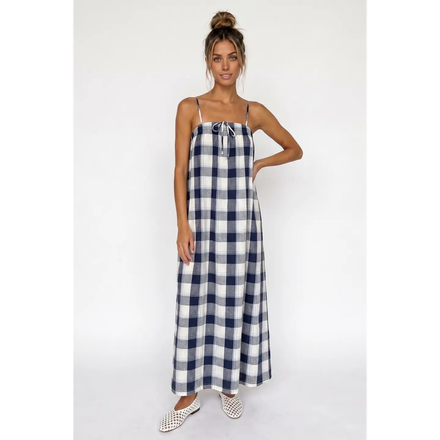 Blue Plaid Maxi Dress with Tie Front Detail