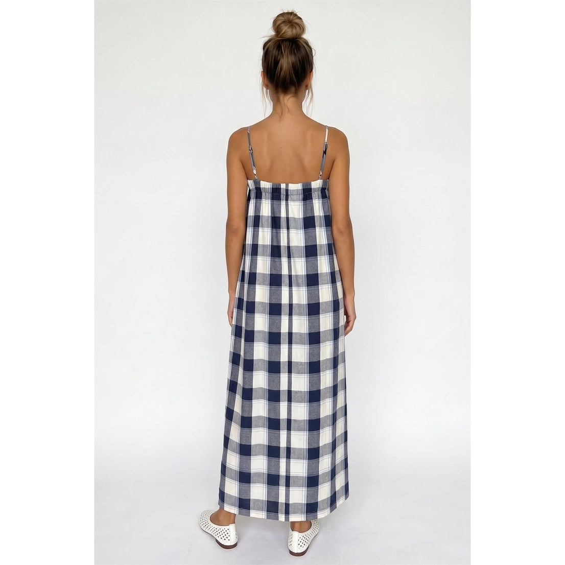 Blue Plaid Maxi Dress with Tie Front Detail