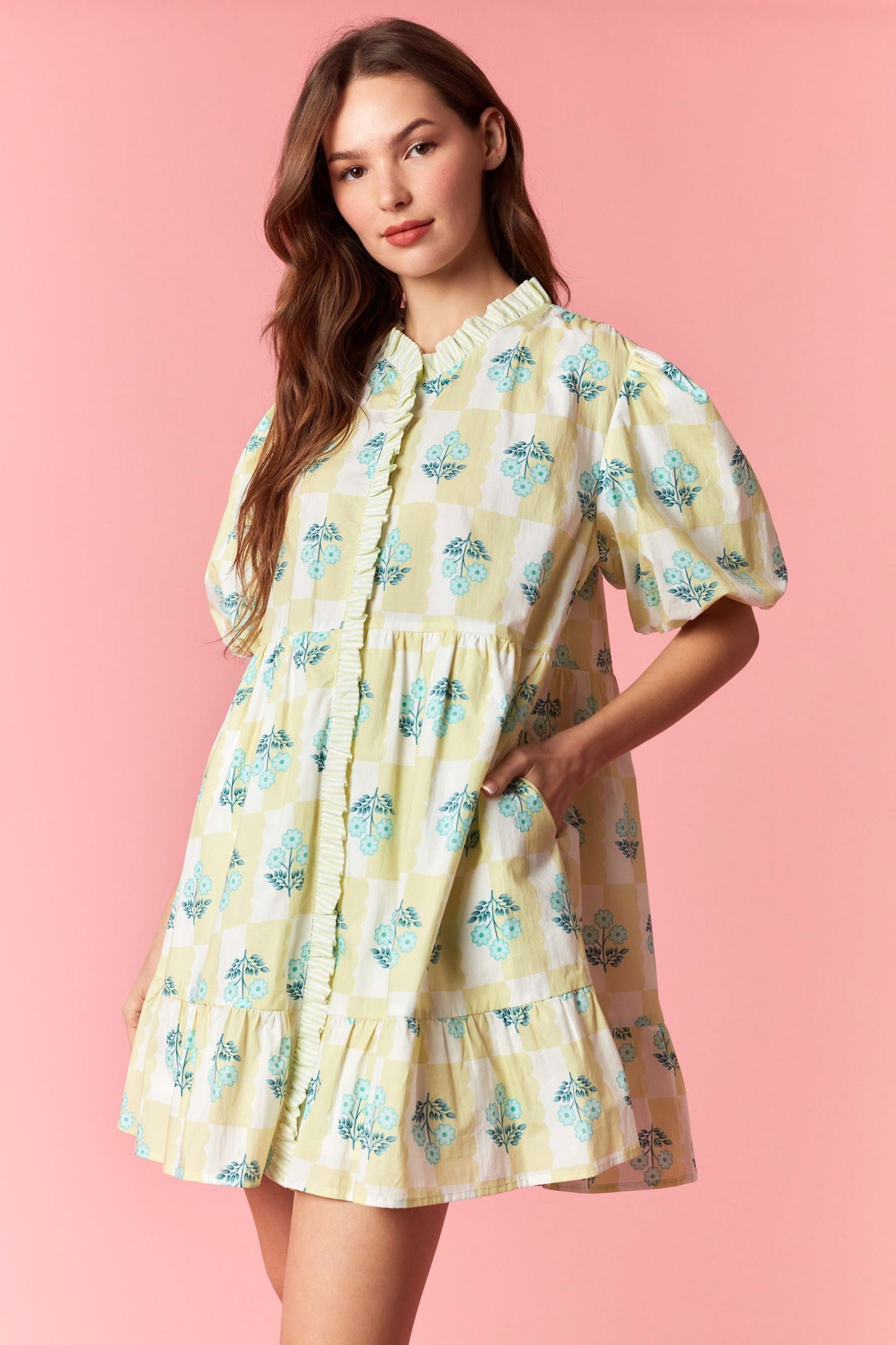 Checkered Floral Bubble Dress