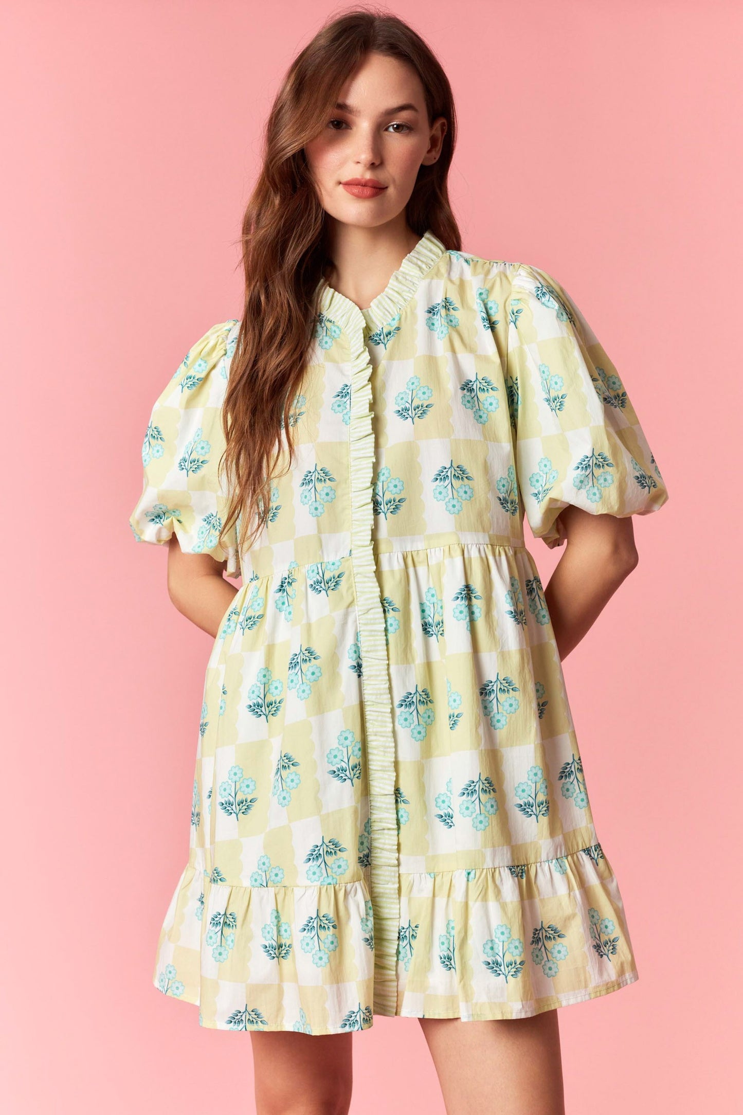 Checkered Floral Bubble Dress