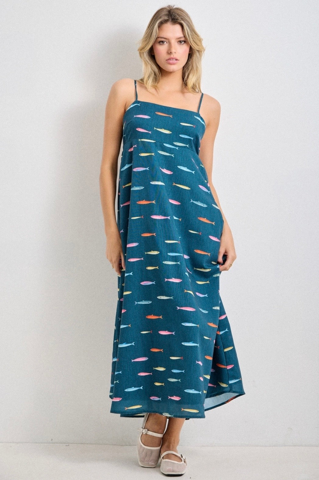 Multi-Colored Fish Motif Midi Dress