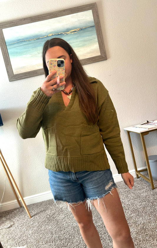 Light Olive Flap Collar Sweater Pullover Top With Patch Pocket