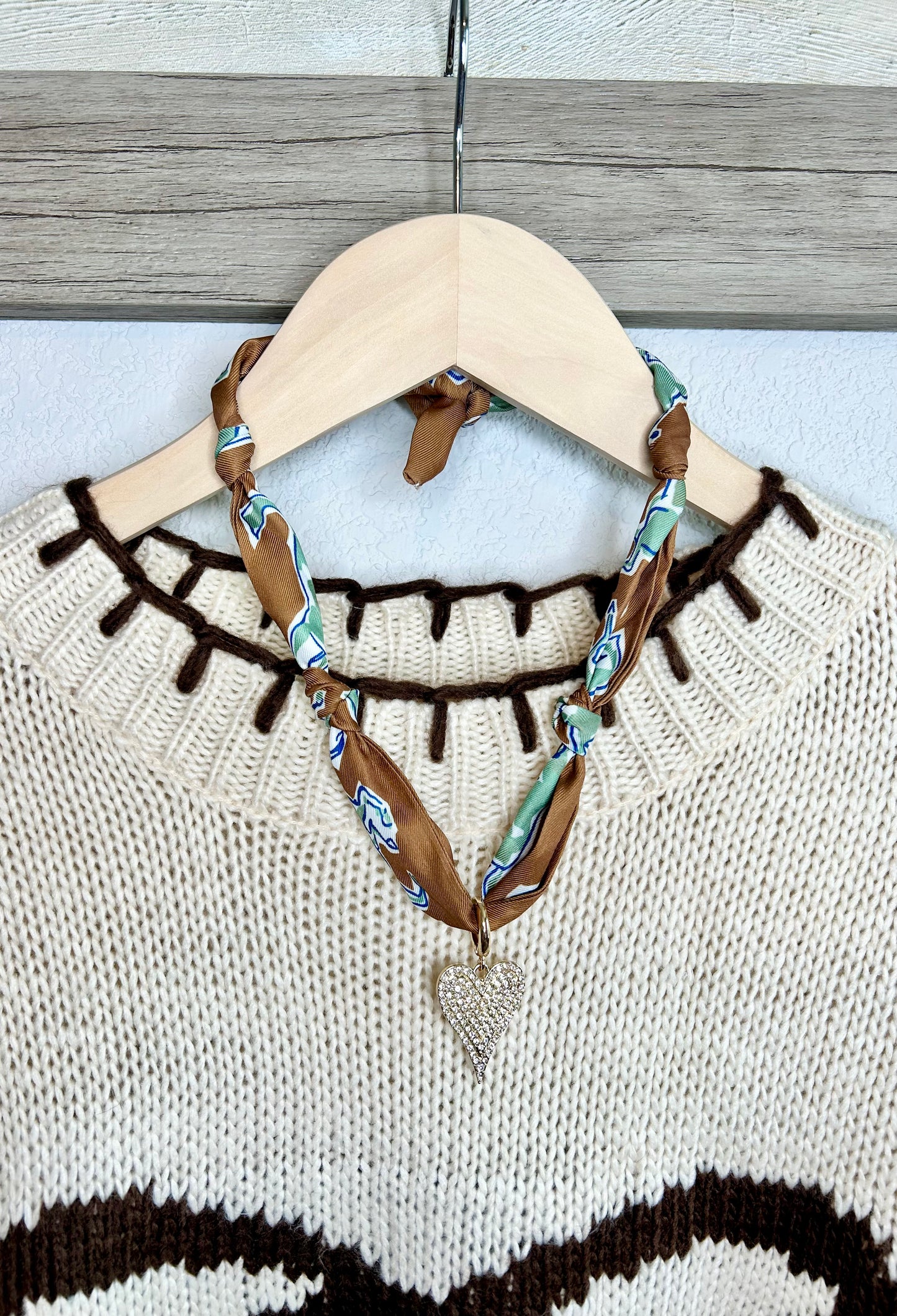 Pave Heart Scarf Necklace in Brown