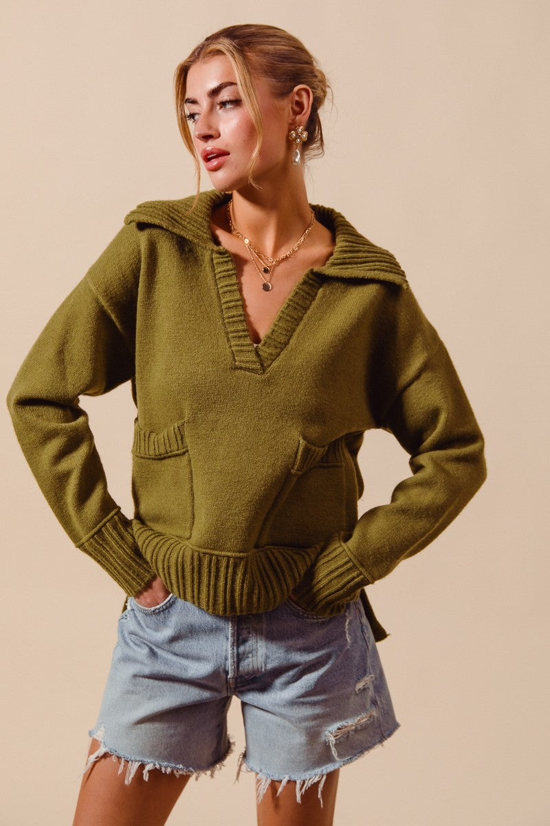 Light Olive Flap Collar Sweater Pullover Top With Patch Pocket