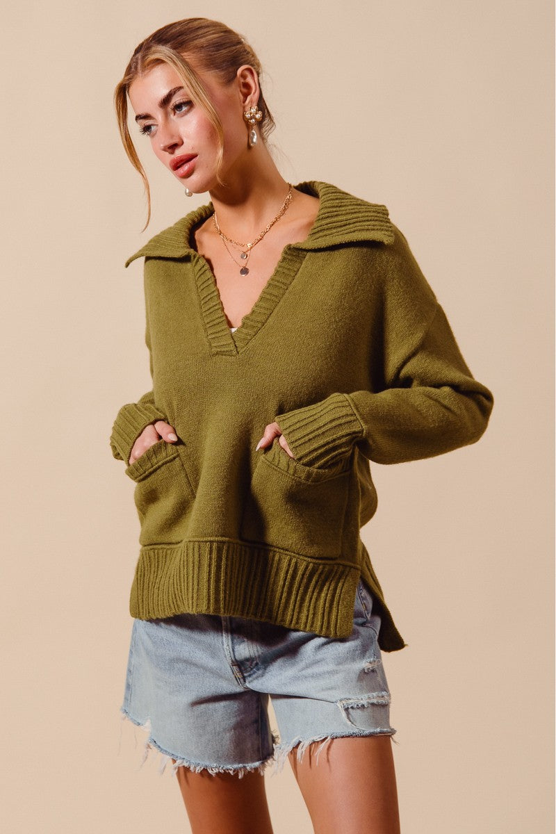 Light Olive Flap Collar Sweater Pullover Top With Patch Pocket