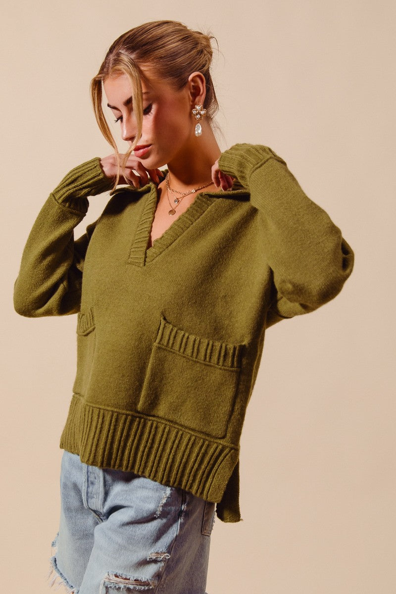 Light Olive Flap Collar Sweater Pullover Top With Patch Pocket