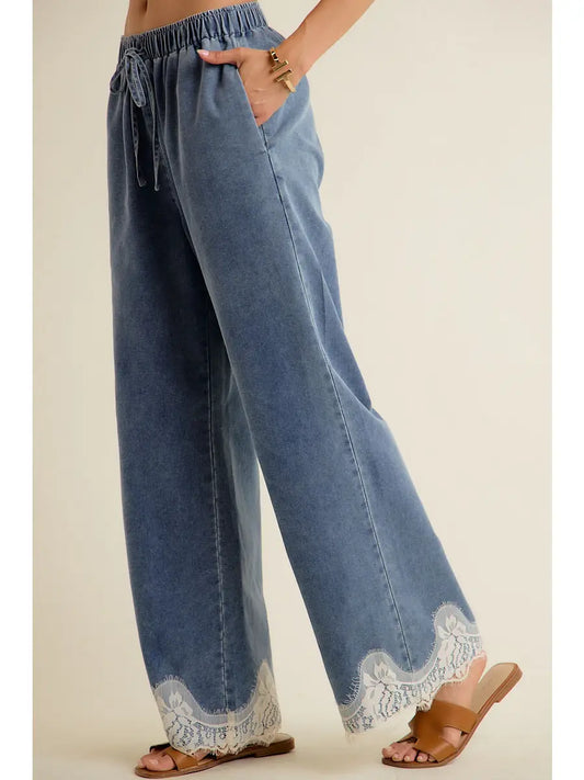 Lace Trim Elastic Denim Pants