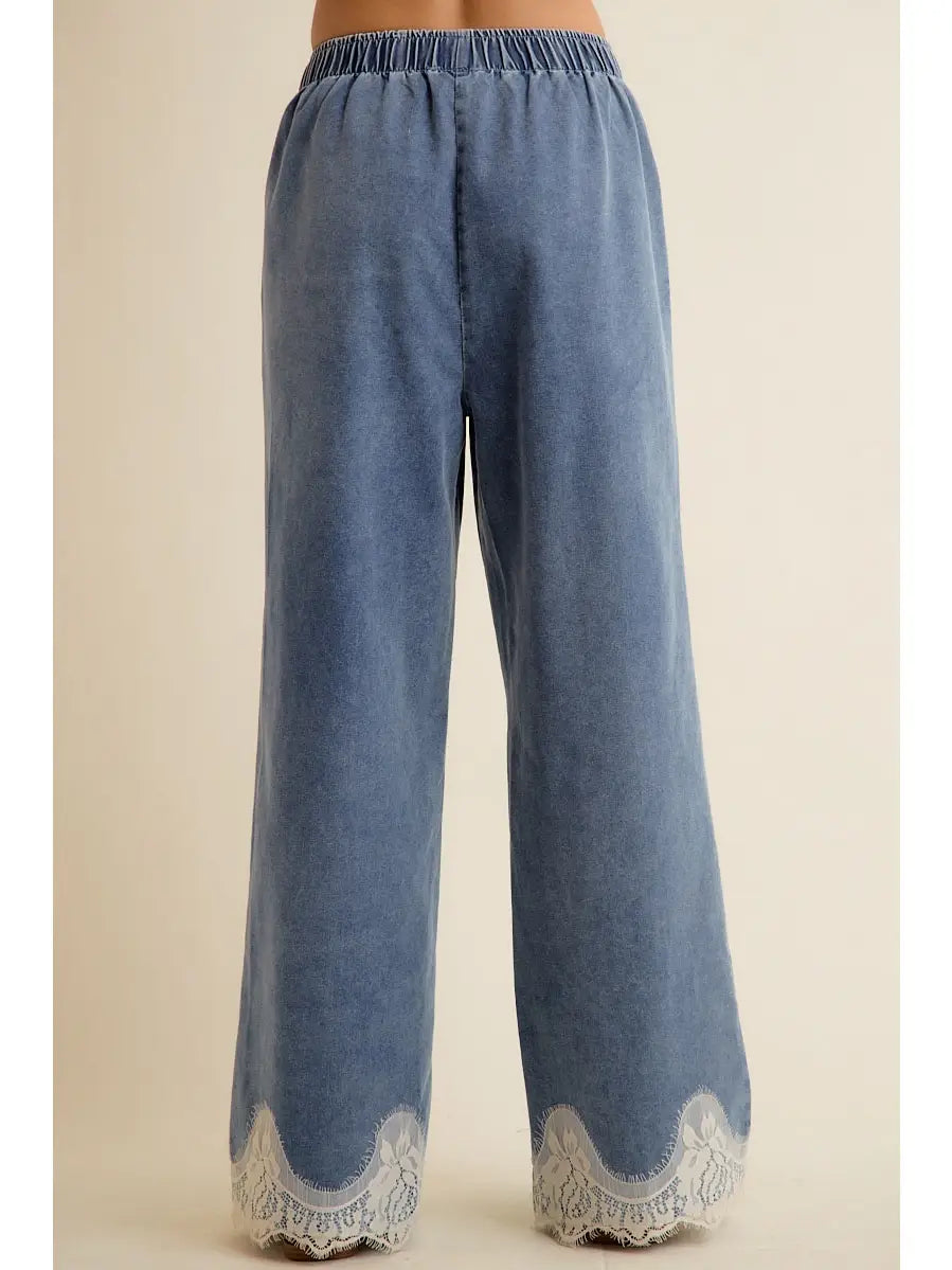 Lace Trim Elastic Denim Pants