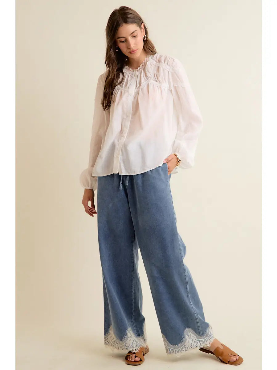 Lace Trim Elastic Denim Pants