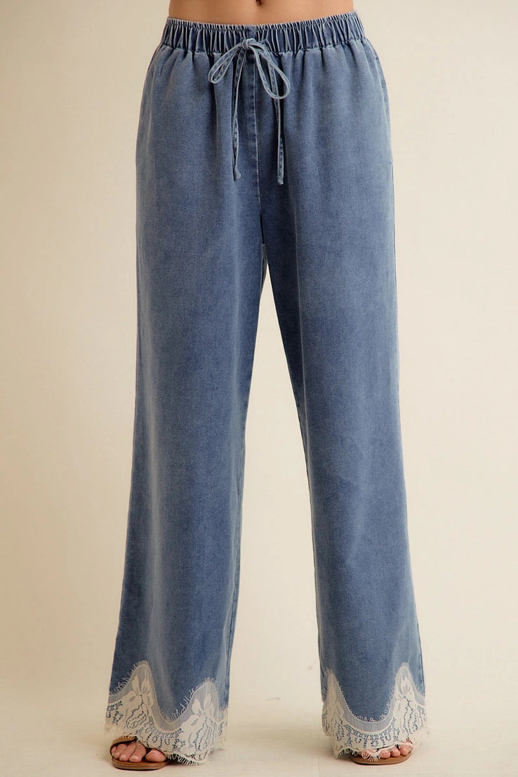 Lace Trim Elastic Denim Pants