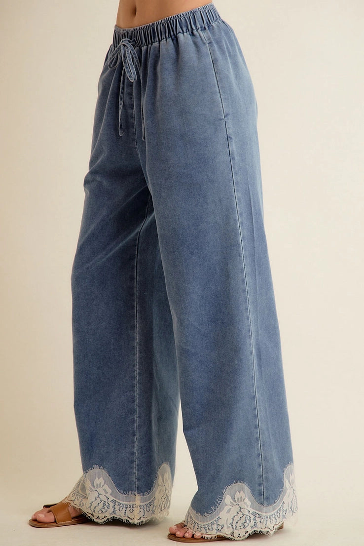 Lace Trim Elastic Denim Pants