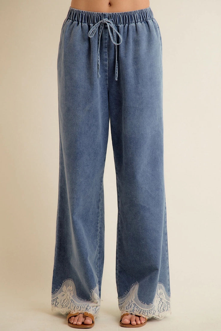Lace Trim Elastic Denim Pants