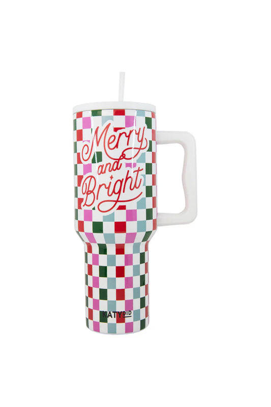 Merry & Bright Checkered Tumbler Cup 38 Oz w/ Handle