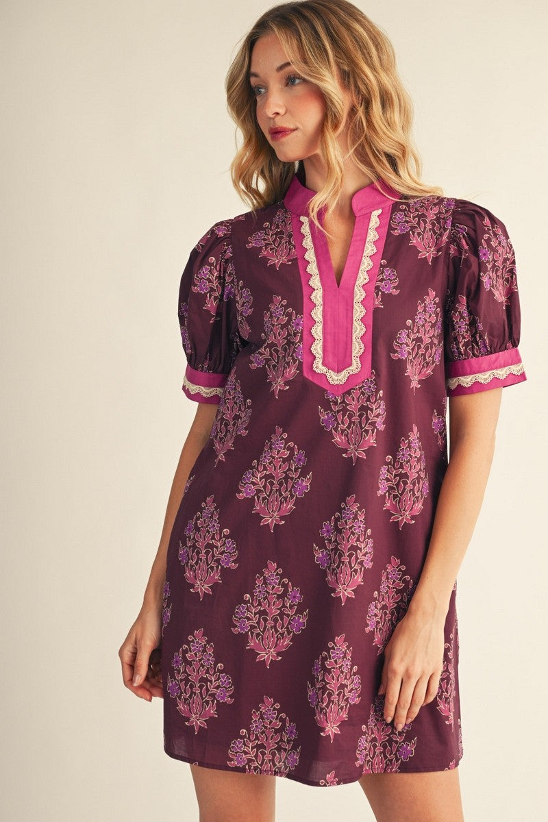 Scallop Trim Detail Floral Print Shift Dress