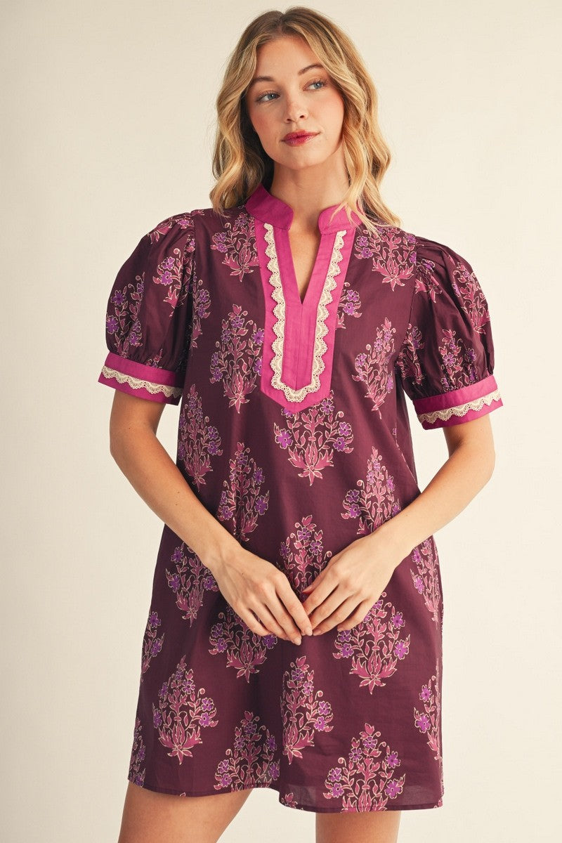Scallop Trim Detail Floral Print Shift Dress
