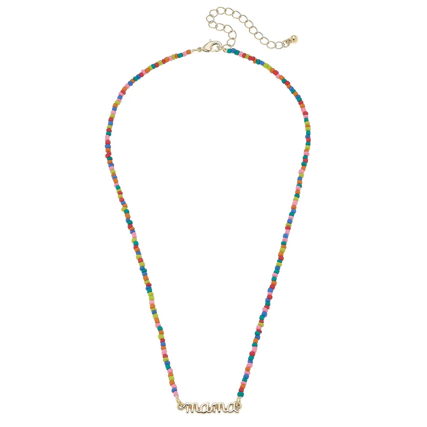 "Mama" Rainbow Beaded Script Necklace in Shiny Gold