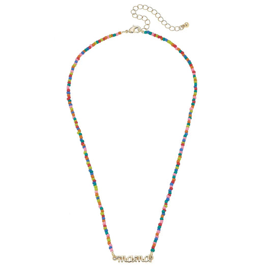 "Mama" Rainbow Beaded Script Necklace in Shiny Gold