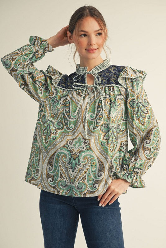 Ruffled Shoulder Boho Paisley Peasant Top
