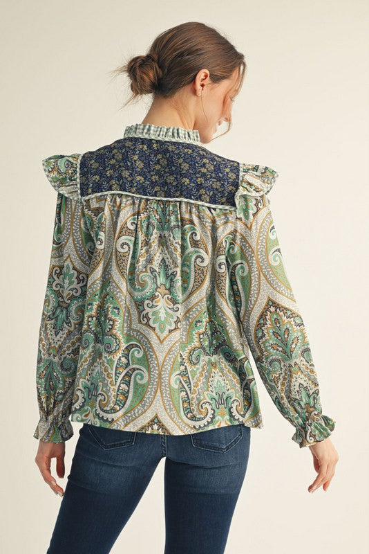 Ruffled Shoulder Boho Paisley Peasant Top