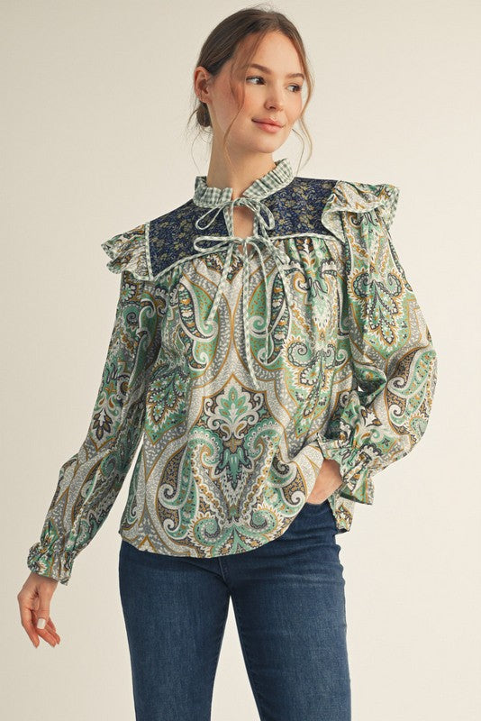 Ruffled Shoulder Boho Paisley Peasant Top
