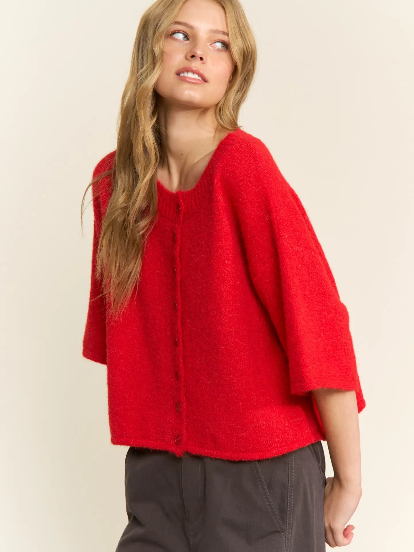 Red Quarter-Sleeve Knit Cardigan
