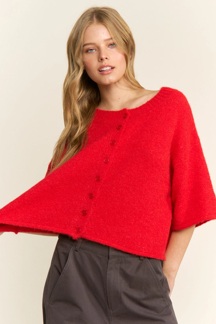 Red Quarter-Sleeve Knit Cardigan